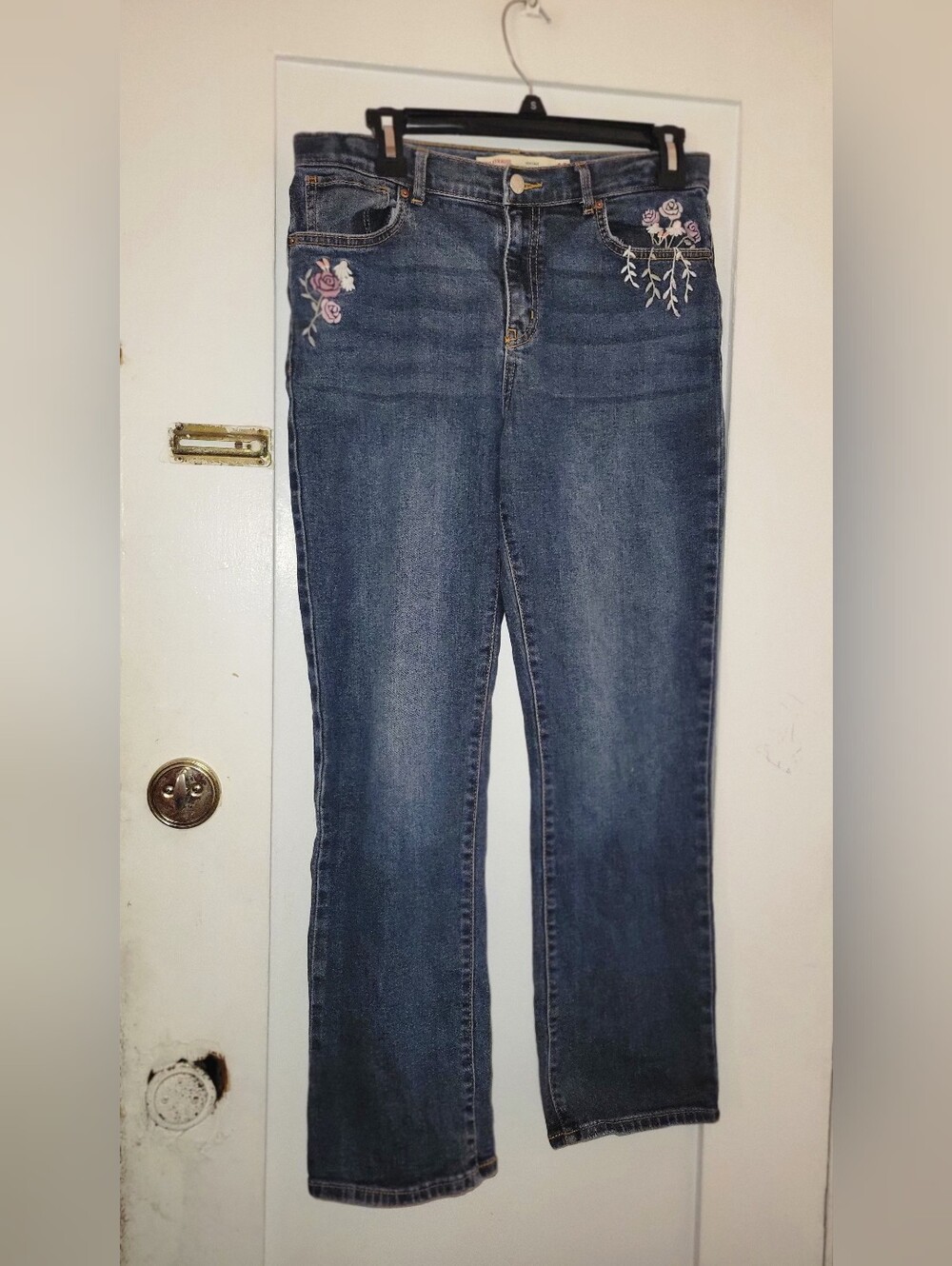 Straight-Leg Blue Jeans with Pink Floral Embroidery
